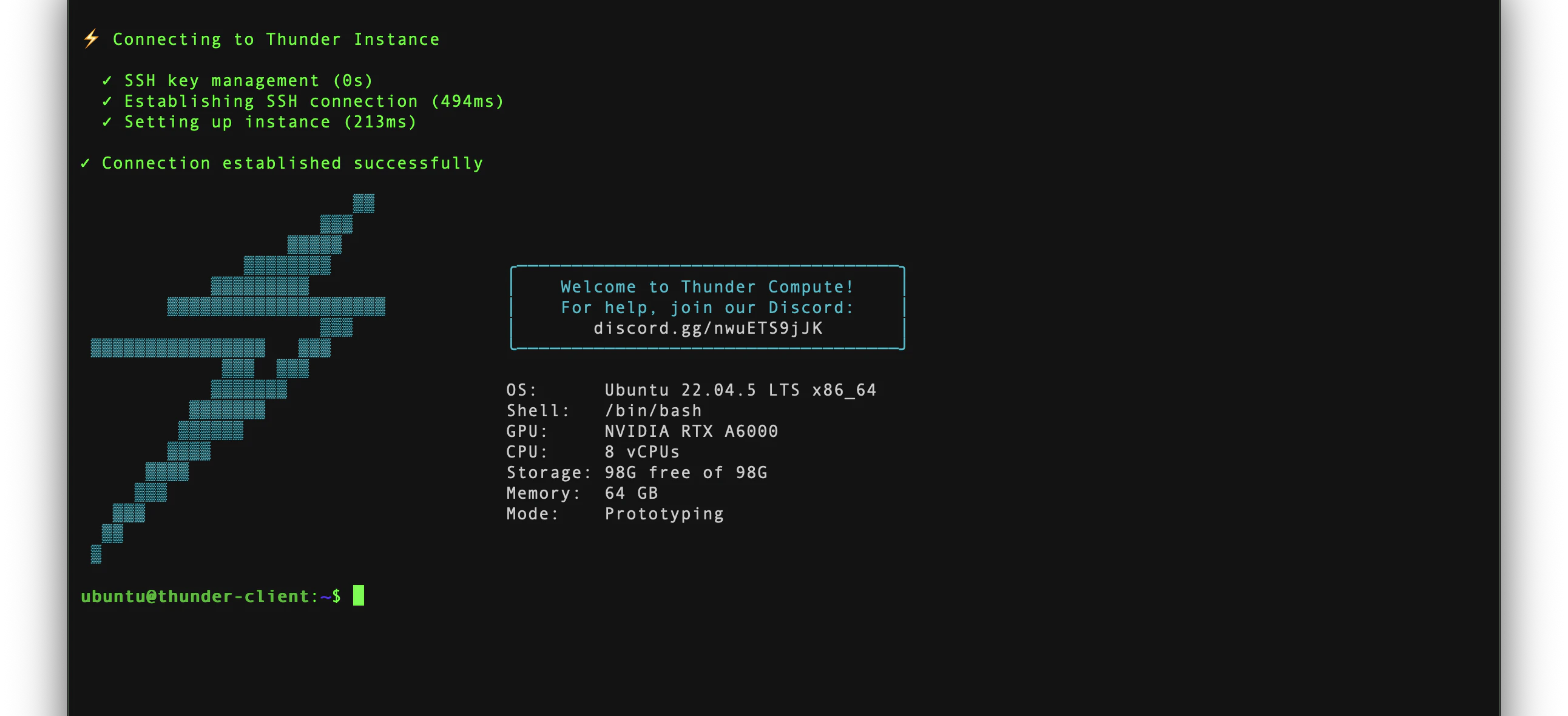 Thunder Compute CLI connected to a running GPU instance