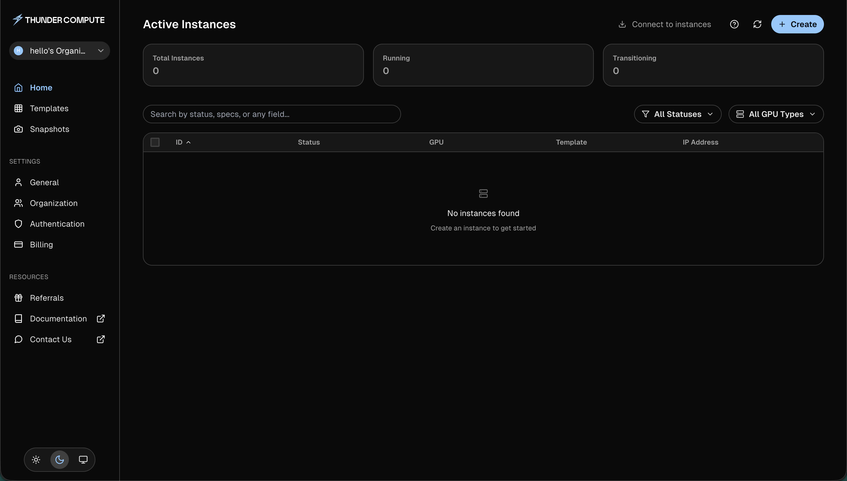 Thunder Compute Console dashboard with no active instances