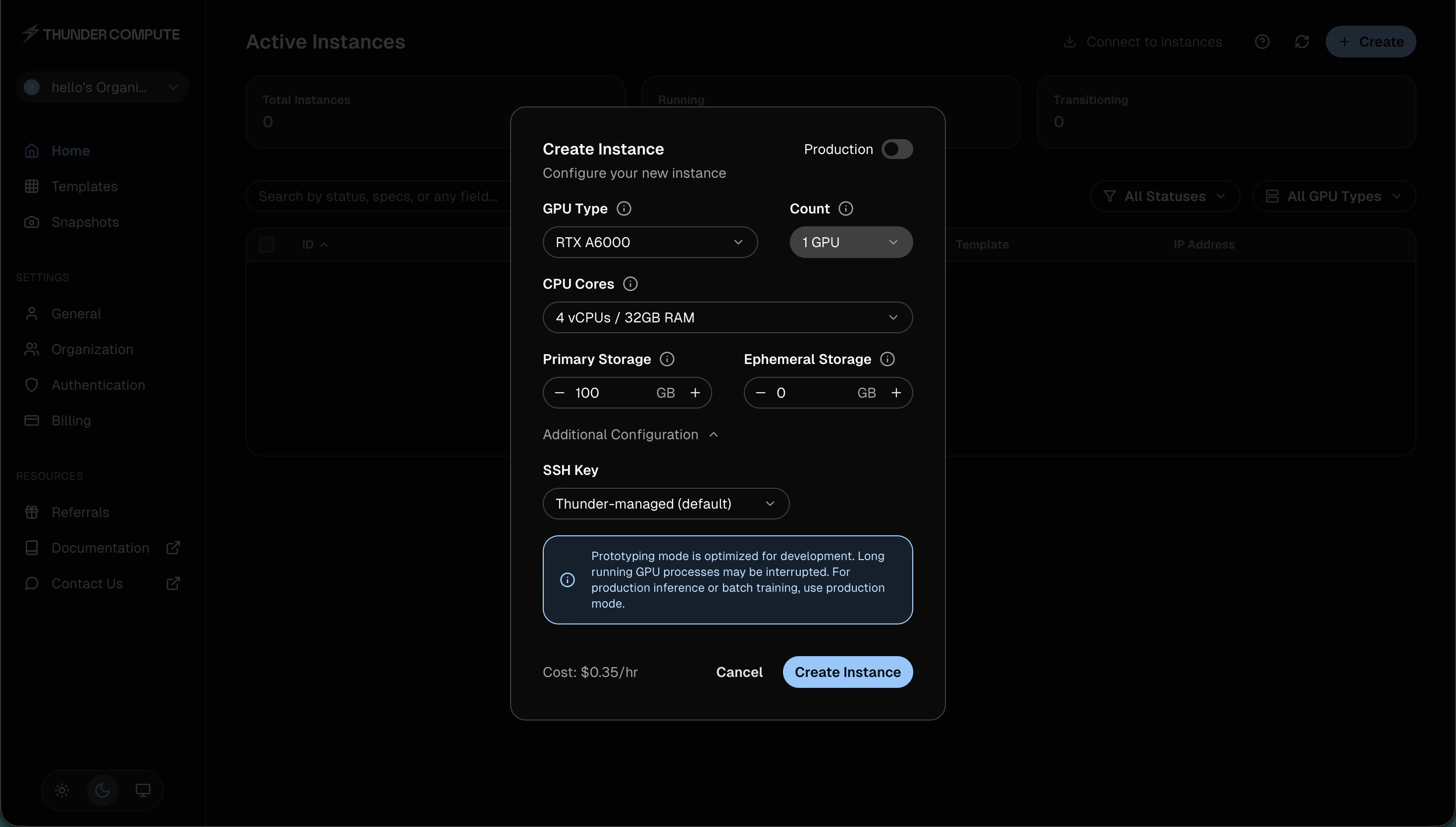 Create Instance dialog with GPU, CPU, storage, and SSH key options