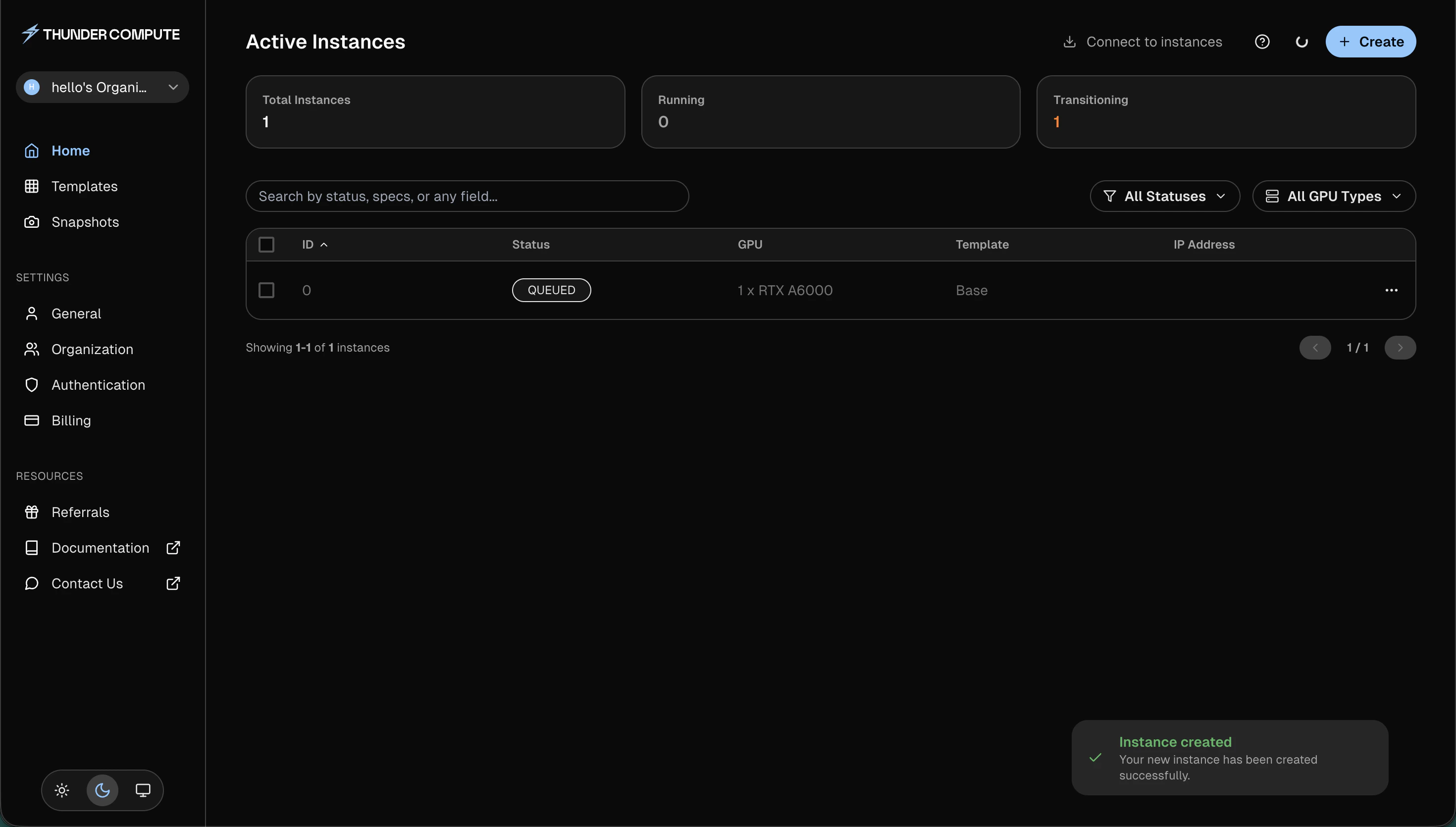 New instance created and queued in the Active Instances table