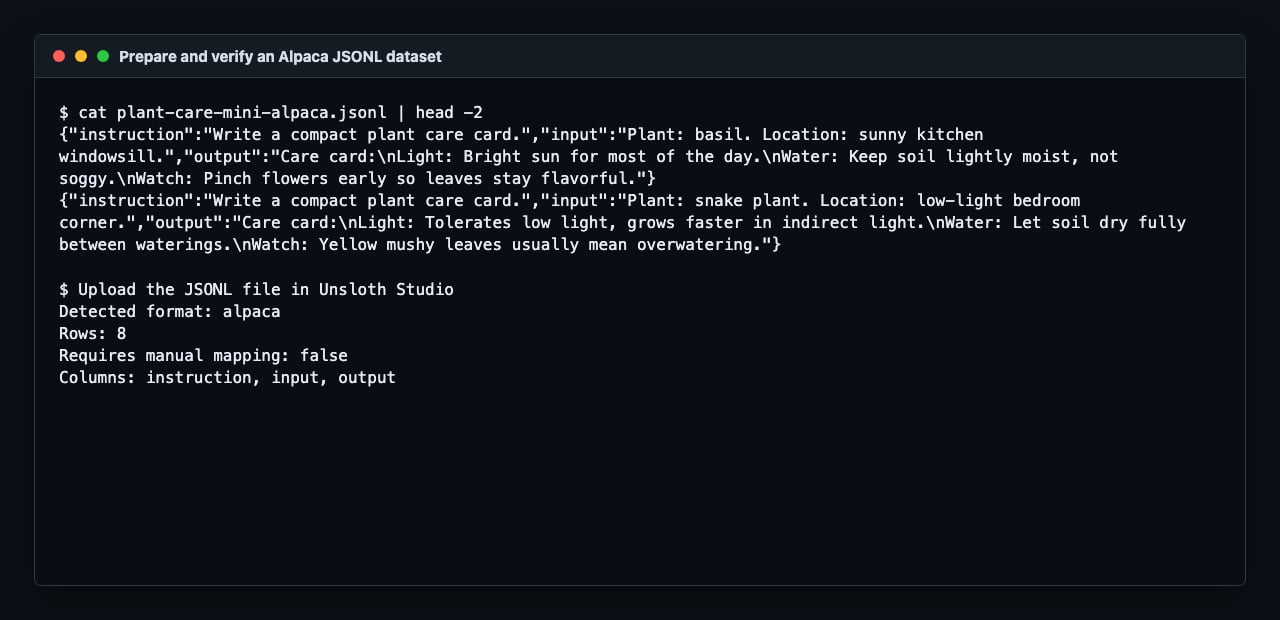 Prepare and verify an Alpaca JSONL dataset