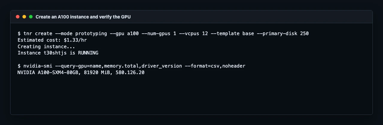 Create an A100 instance and verify the GPU