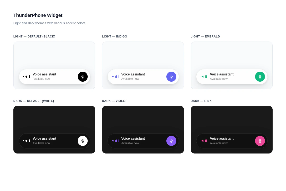 ThunderPhone widget in light and dark themes with various accent colors