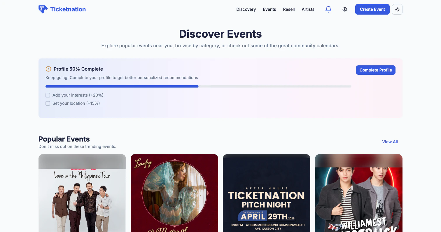 Discovery page with personalized event feed