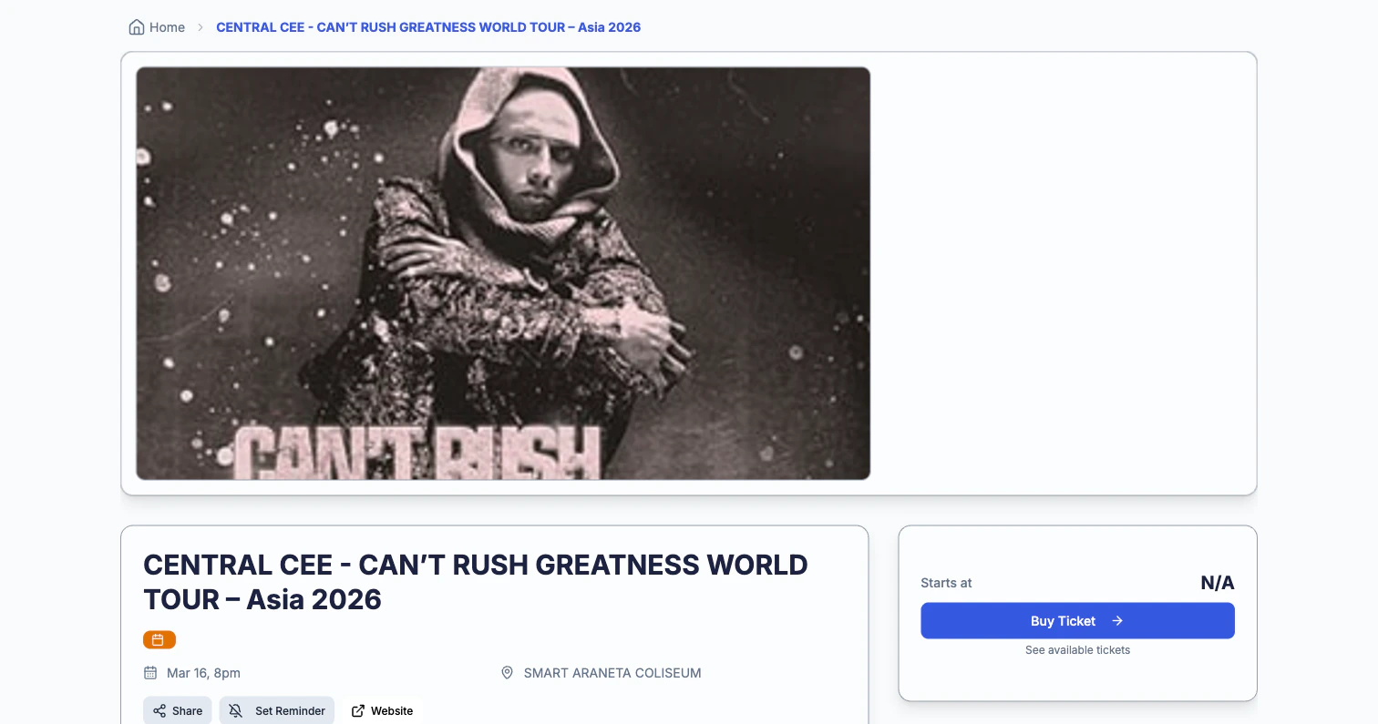 Event detail page showing event info and ticket options