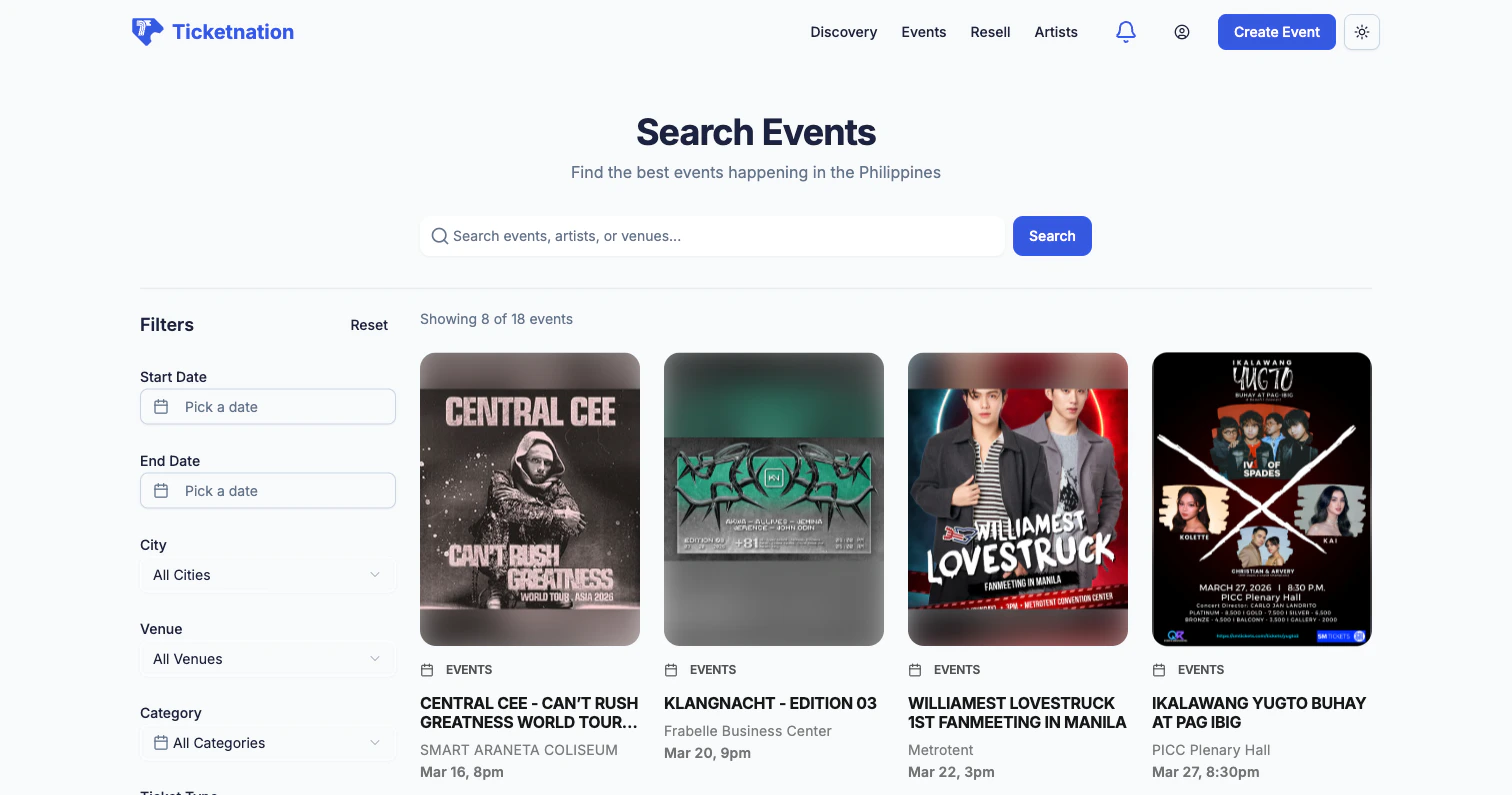 Events search page with filters