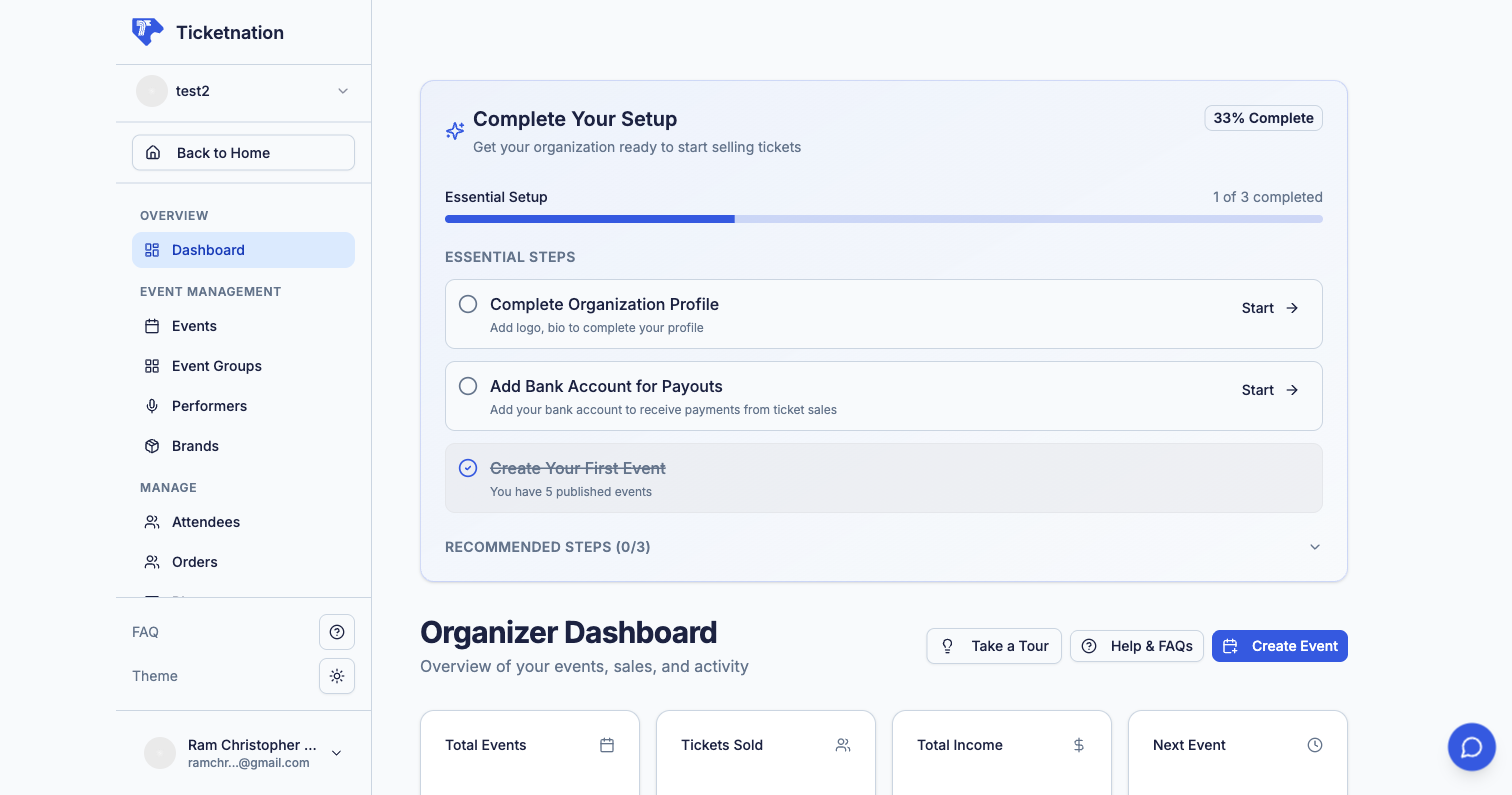 Organizer dashboard with sidebar navigation
