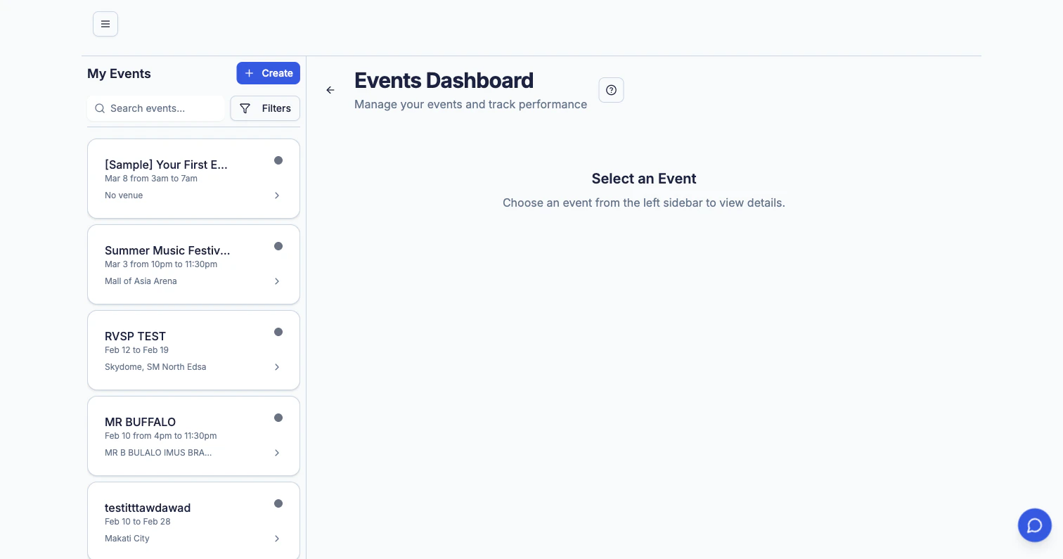 Event list with status indicators and search filters