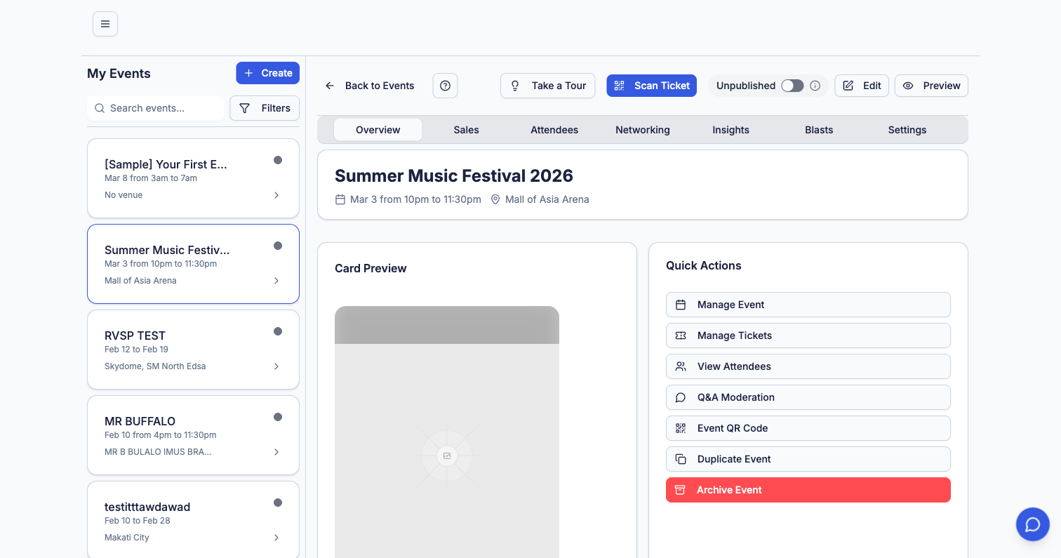 Event overview with quick actions