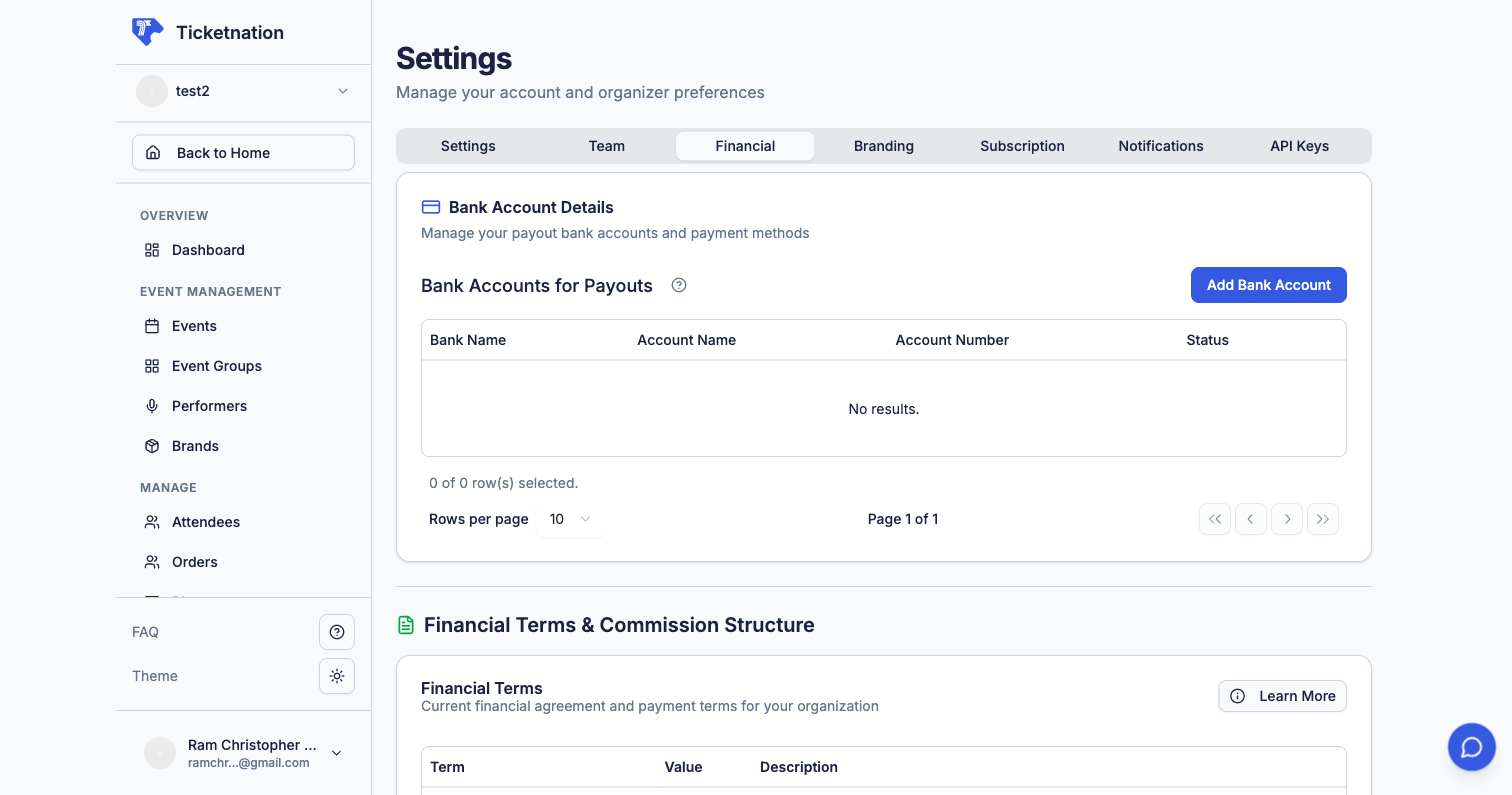 Financial settings and bank accounts