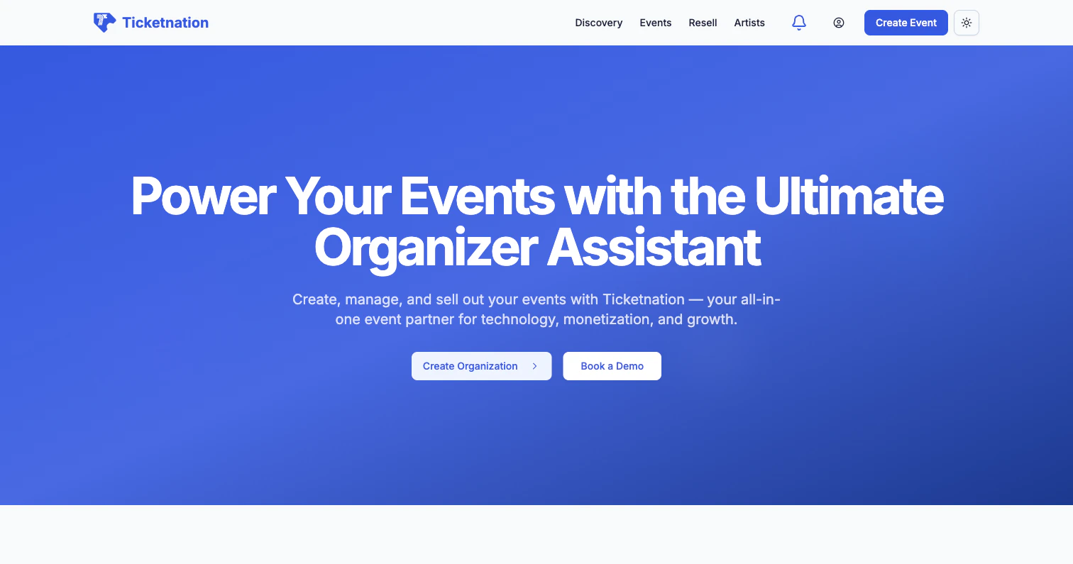 Organizer landing page with features and pricing