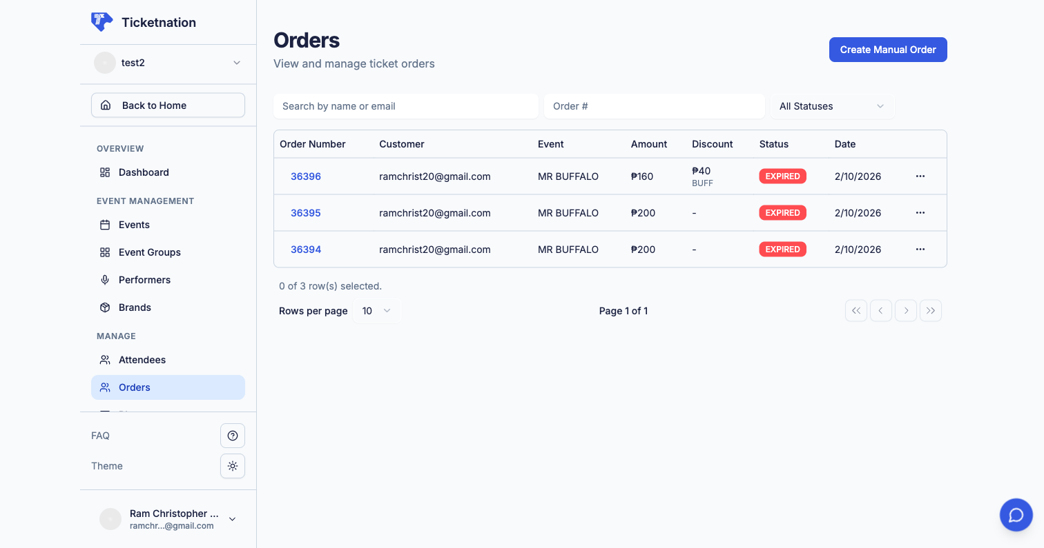 Orders table showing ticket purchases