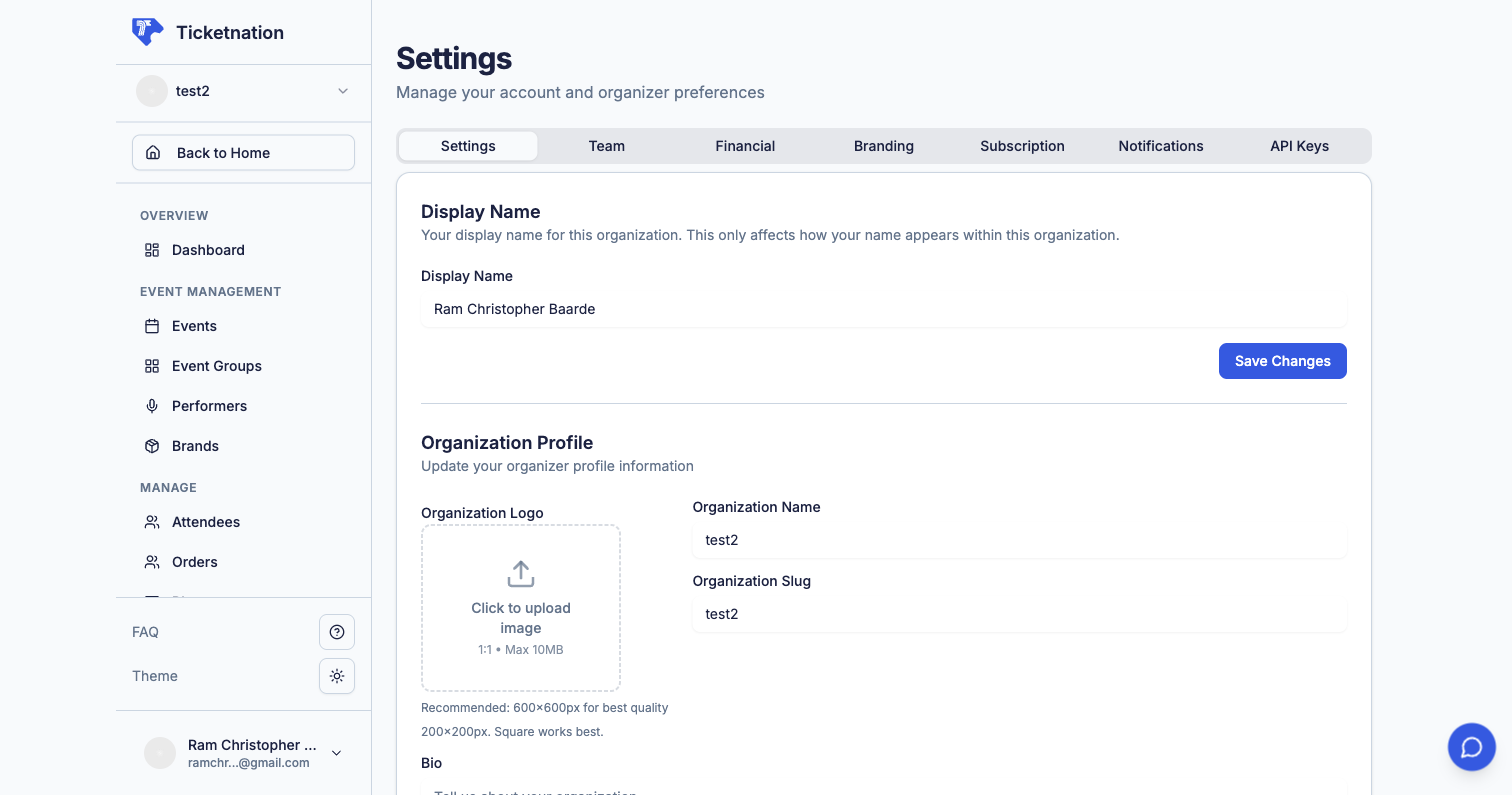 Organization settings page