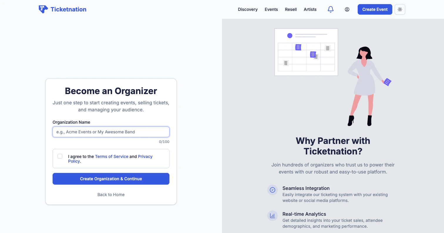 Organizer application form with organization name input