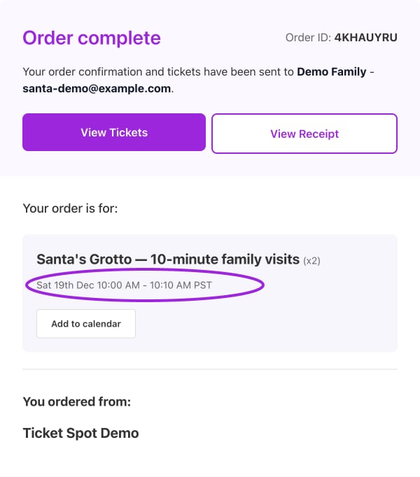 Completed Demo order 4KHAUYRU for two Santa visit tickets at 10:00–10:10