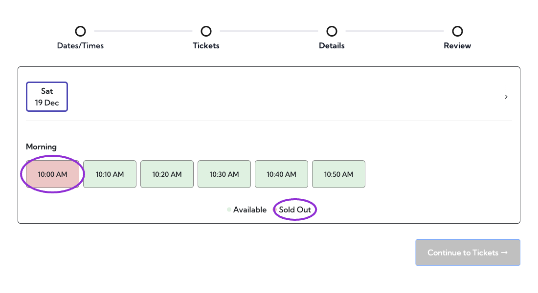 Santa checkout after a booking: the 10:00 slot is sold out, the five later slots are available, and Continue to Tickets is disabled