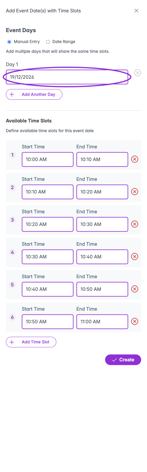 Add Times dialog with the December date and six consecutive ten-minute Santa visits