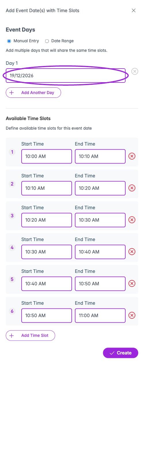 Add Times dialog with the December date and six consecutive ten-minute Santa visits