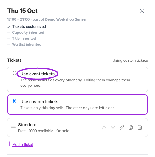 Select Use event tickets to return to the shared offer. Confirm that the custom tickets will stop selling; they remain stored for reuse.
