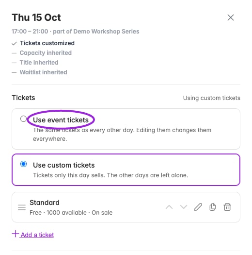 Select Use event tickets to return to the shared offer. Confirm that the custom tickets will stop selling; they remain stored for reuse.