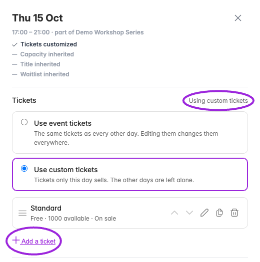 After copying, this date owns its ticket list. Edit, duplicate, remove, reorder, or add tickets here without changing other dates.