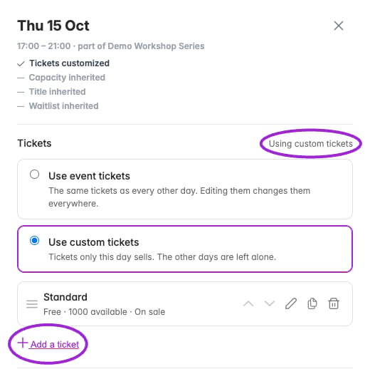 After copying, this date owns its ticket list. Edit, duplicate, remove, reorder, or add tickets here without changing other dates.