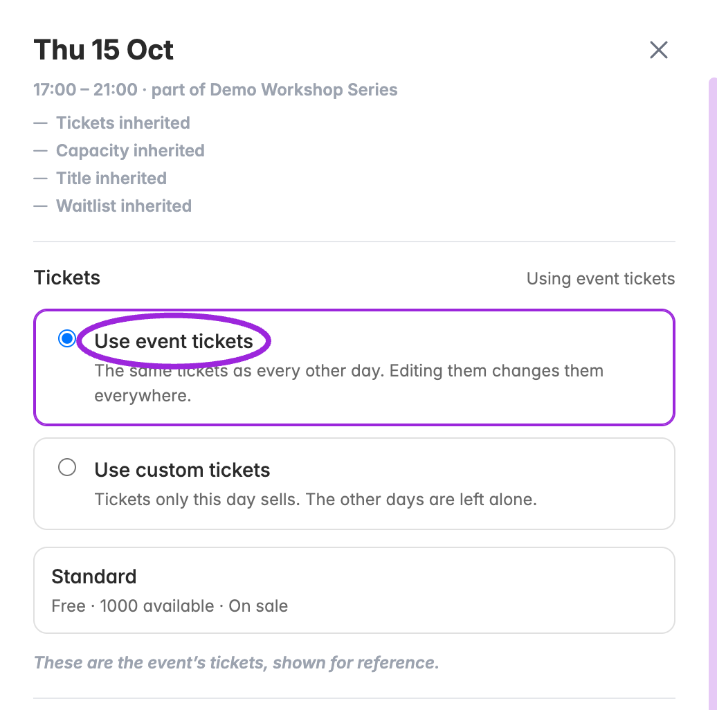 Click a date row to open its drawer. The inheritance summary identifies the event defaults; shared tickets are shown for reference.