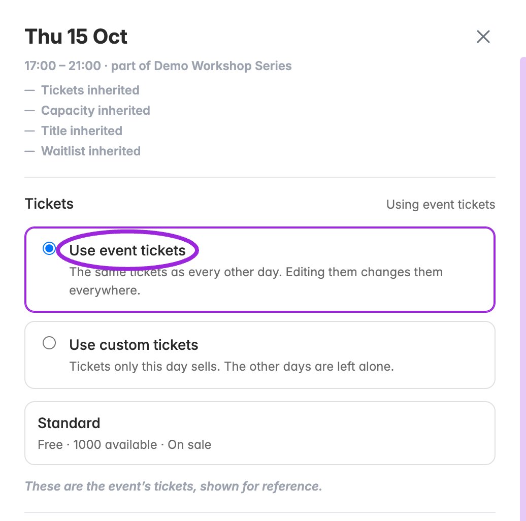 Click a date row to open its drawer. The inheritance summary identifies the event defaults; shared tickets are shown for reference.