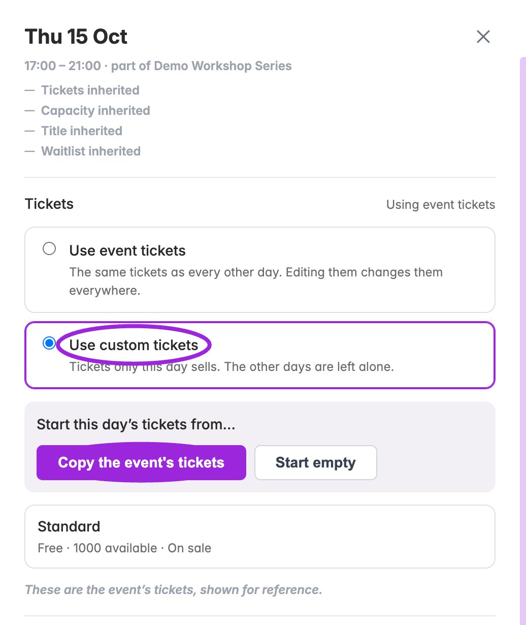Use custom tickets reveals Copy the event’s tickets and Start empty. Choosing one changes this date’s ticket source immediately.