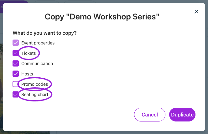Duplicate dialog with Tickets, Promo codes, and Seating chart highlighted