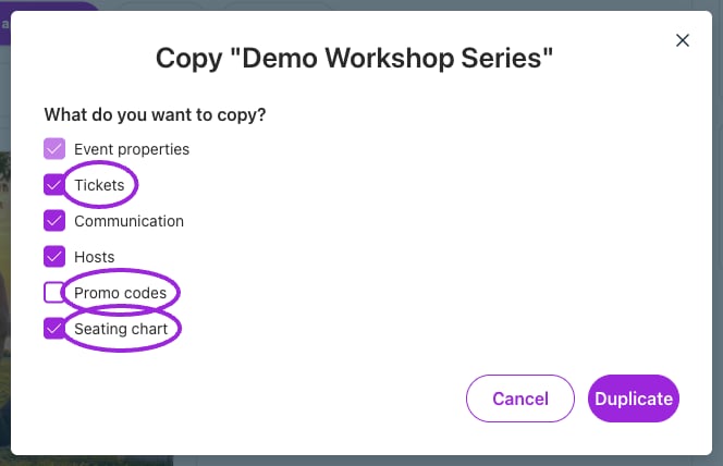 Duplicate dialog with Tickets, Promo codes, and Seating chart highlighted