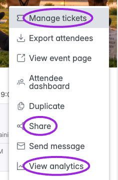 Event-card action menu with Manage tickets, Share, and View analytics highlighted