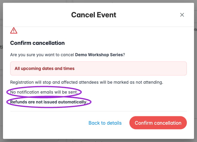 Cancellation confirmation with no notification emails and no automatic refunds highlighted