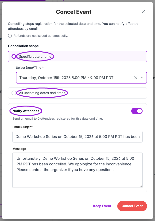 Specific date or time, All upcoming dates and times, and Notify Attendees highlighted