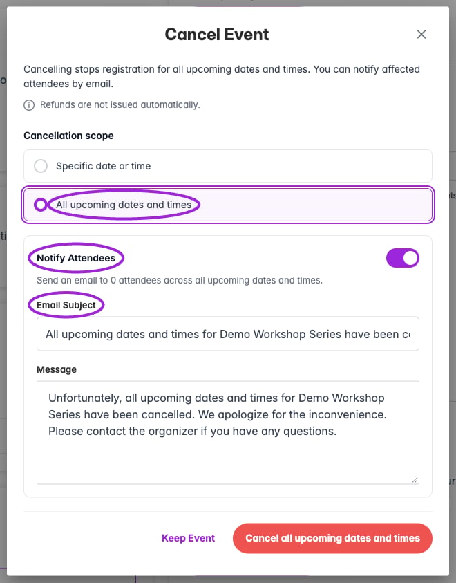 All-upcoming cancellation scope and notification fields
