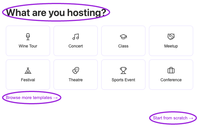 What are you hosting template picker with Browse more templates and Start from scratch highlighted