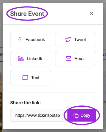 Share Event dialog and Copy link button highlighted
