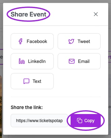 Share Event dialog and Copy link button highlighted
