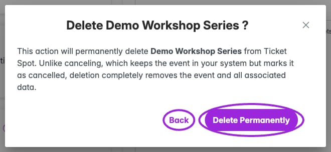 Delete Event confirmation with Back and Delete Permanently highlighted