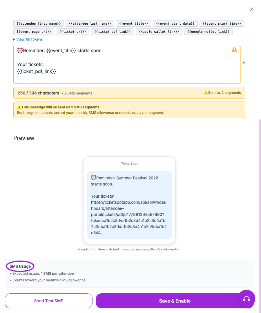 Review the rendered Preview and SMS segment count. Long messages and inserted links can consume more than one segment; each segment counts toward SMS usage.