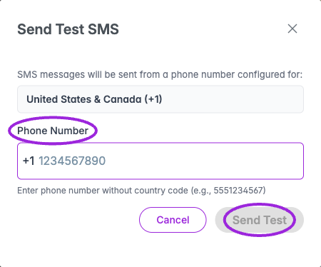 Send Test SMS asks for a phone number without the displayed country code. Sending the test is a separate action; this example has not sent a message.