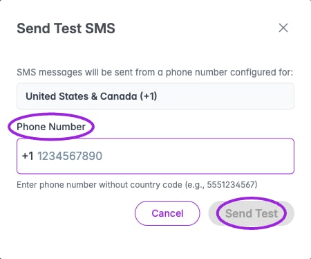 Send Test SMS asks for a phone number without the displayed country code. Sending the test is a separate action; this example has not sent a message.