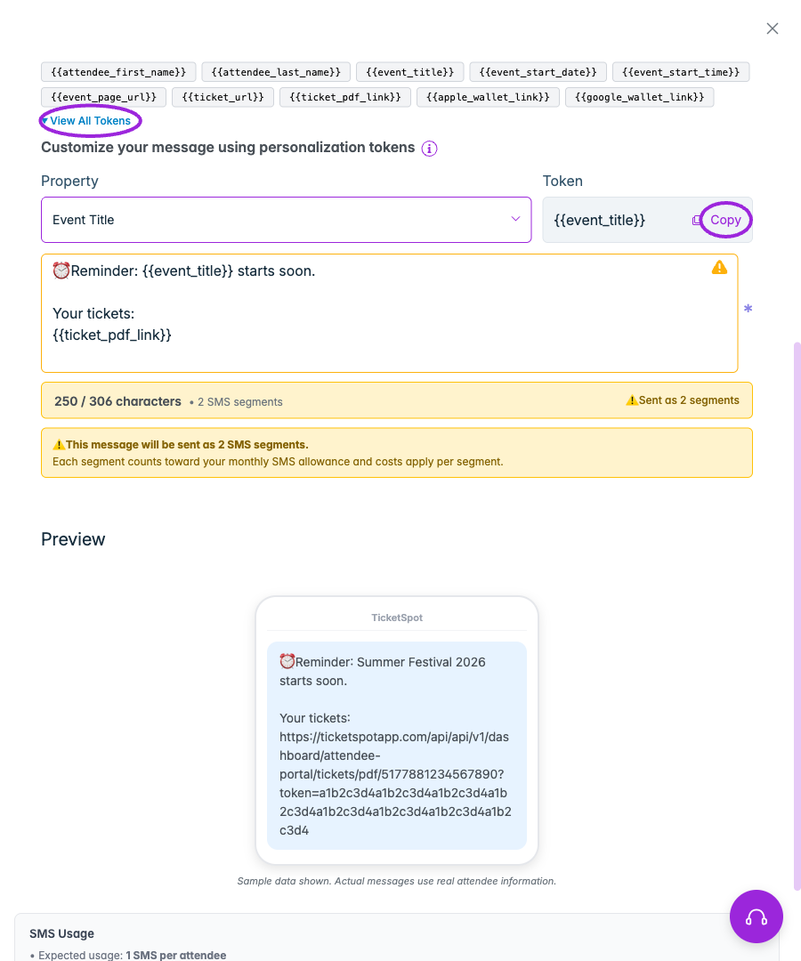 Click a quick token to insert it, or open View All Tokens to choose a property and copy its template token.