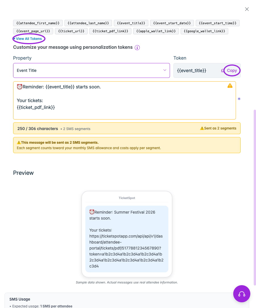 Click a quick token to insert it, or open View All Tokens to choose a property and copy its template token.