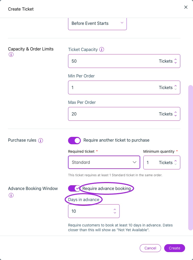 Require advance booking sets the minimum number of days before the event when this ticket can be bought.
