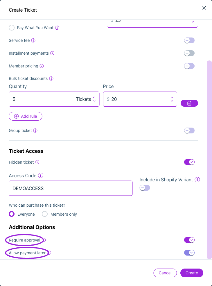 Require approval controls pending registration; Allow payment later provides the later-payment option.