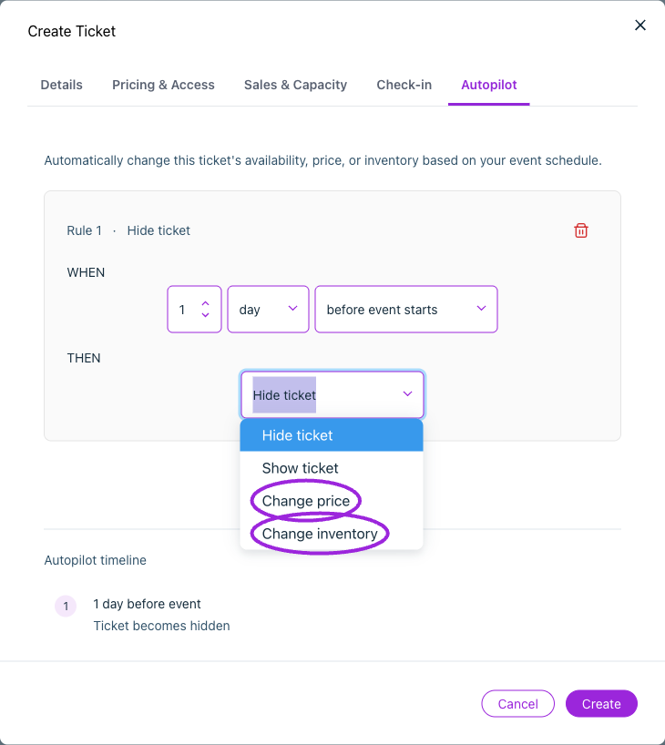 Autopilot can hide or show a ticket, change its price, or change its inventory.