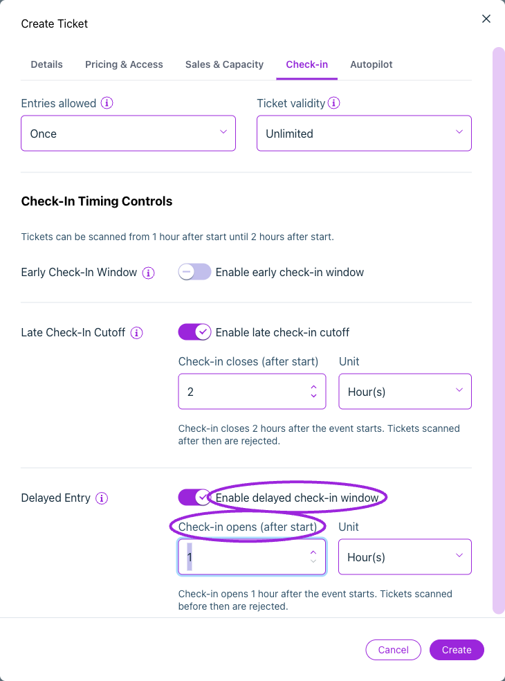 Delayed entry opens check-in after the event starts. If both opening rules are enabled, delayed entry takes priority.
