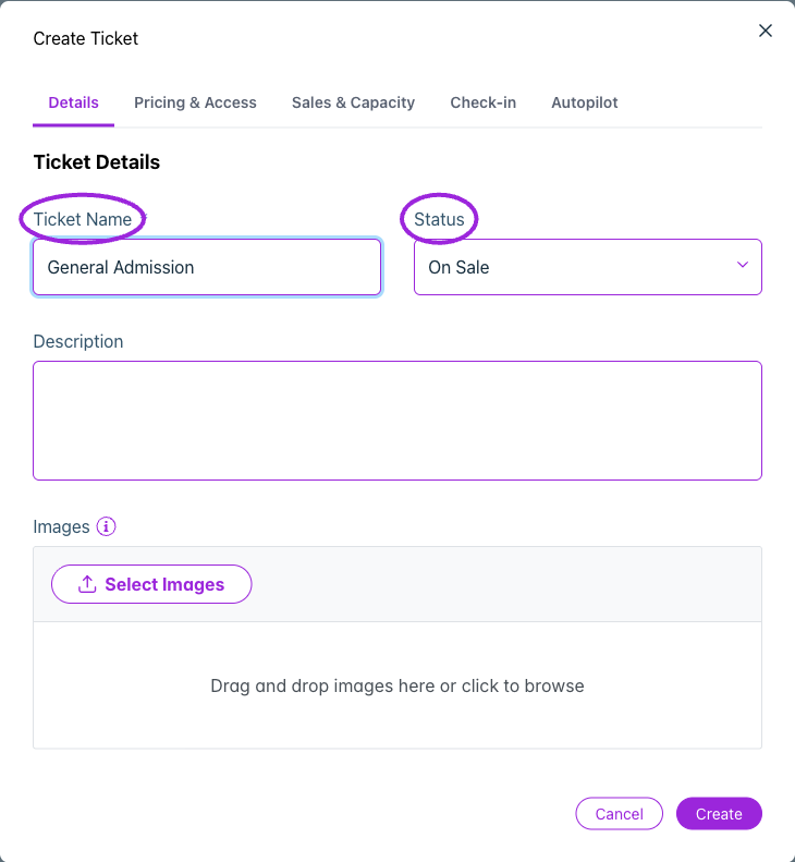 Create Ticket → Details contains the ticket name, status, description, and images. This example is an unsaved demo ticket.