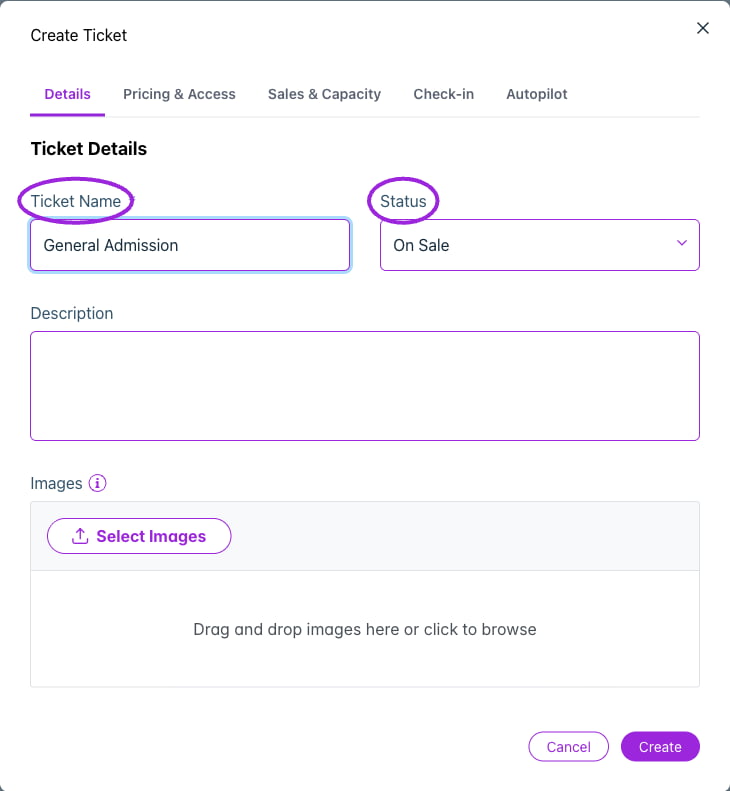 Create Ticket → Details contains the ticket name, status, description, and images. This example is an unsaved demo ticket.